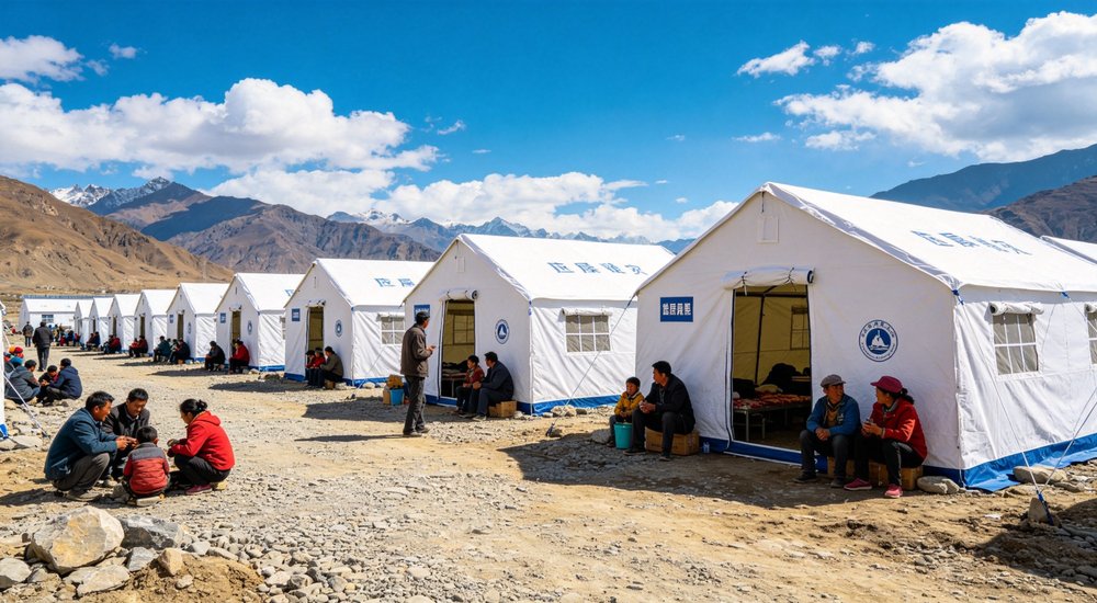 Humanitarian relief tent photographed at aid distribution camp providing reliable shelter with strong steel framework quality stitching and weather resistant fabric for disaster affected communities
