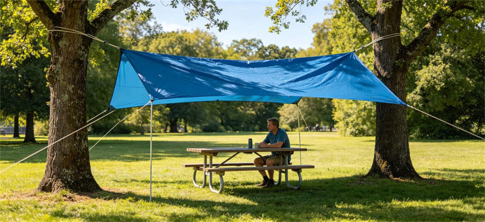 Sunshade blue tarp between trees for institutional procurement, inspection and supply planning