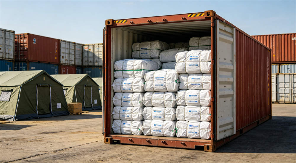 Shipping container loaded with packed relief tents ready for export, international logistics and delivery for government humanitarian procurement orders, professional product for B2B wholesale and government procurement, durable construction for emergency response