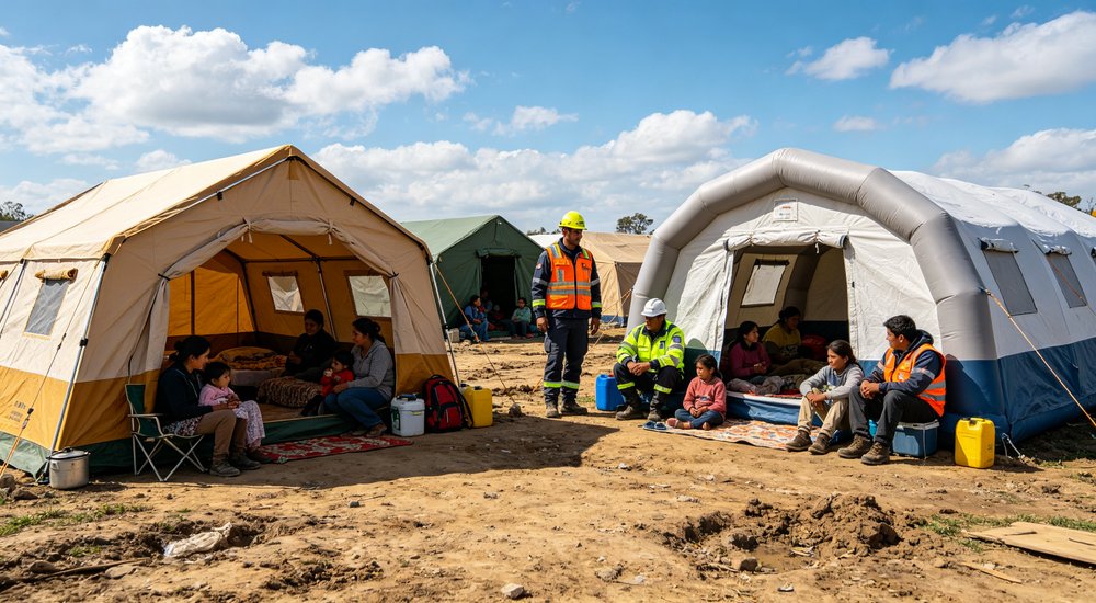 Wide panoramic view of a large humanitarian relief camp with dozens of emergency tents organized in neat rows demonstrating scale of disaster response operations