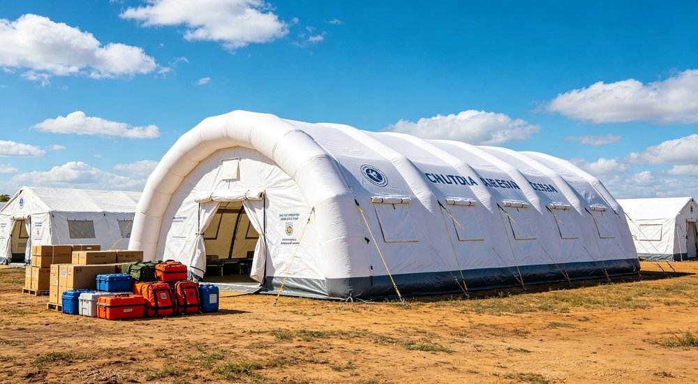 Military field base deployment showing emergency tents used for troop accommodation command posts and operational support in remote field conditions with security perimeter