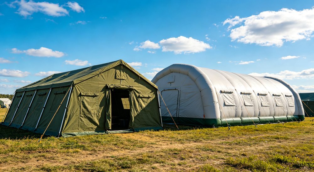 Earthquake affected region showing emergency relief tents deployed near damaged buildings providing immediate safe shelter for survivors while recovery and reconstruction work continues