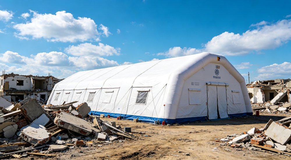 Emergency response tent captured during active deployment showing professional grade construction wind resistant frame and waterproof covering designed for long term use in challenging field conditions
