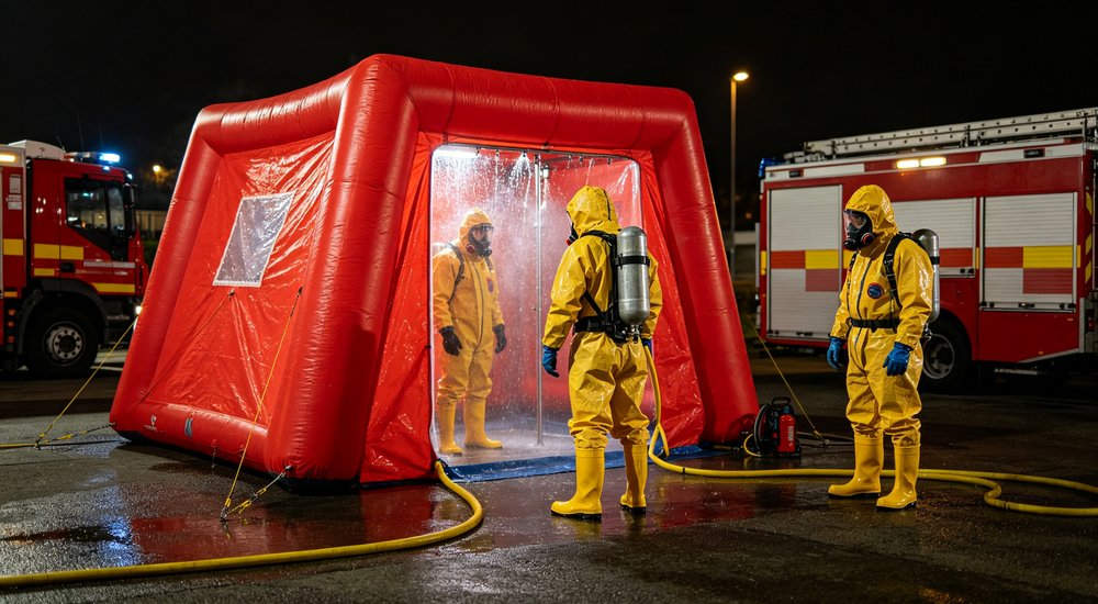 Worker cleaning and drying red fire rescue tent canvas after use, maintenance and storage preparation with water hose, outdoor maintenance scene, professional photography Worker cleaning and drying red fire rescue tent canvas after use, maintenance and storage preparation with water hose, outdoor maintenance scene, professional photography