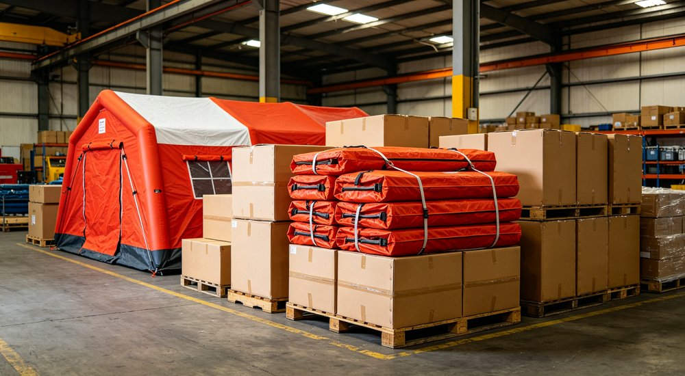 Forest fire command center with multiple red inflatable tents arranged in mountain area, fire vehicles and personnel, aerial view, professional B2B product photography