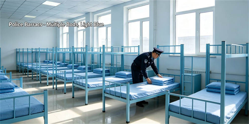 Light blue police barracks with multiple arrangement beds, tidy official police sleeping quarters interior standard environment