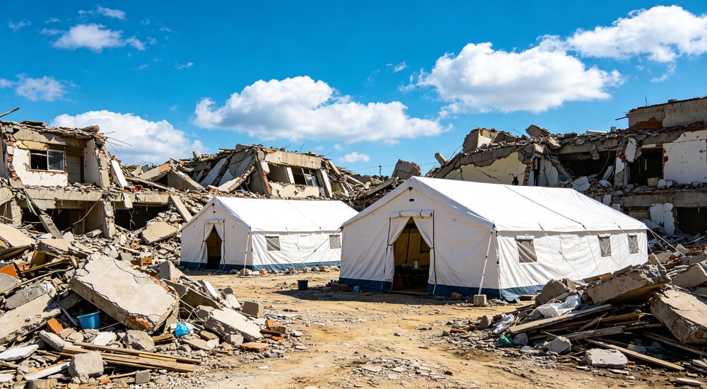 Humanitarian relief tent photographed at aid distribution camp providing reliable shelter with strong steel framework quality stitching and weather resistant fabric for disaster affected communities