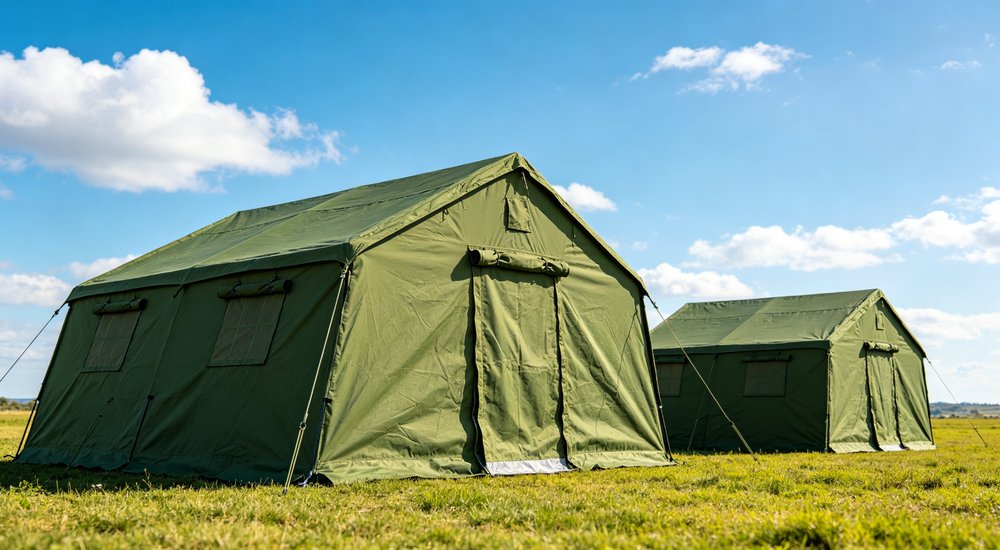 Heavy duty emergency frame tent displayed in operational setting demonstrating quick setup capability durable canvas exterior and spacious interior capacity for humanitarian relief missions