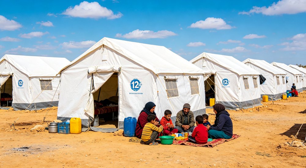 Field deployed emergency shelter showing robust frame construction waterproof material and practical design features meeting international standards for disaster response and refugee accommodation