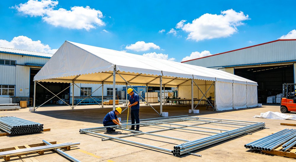 Large emergency shelter tent installed at disaster relief site providing weatherproof accommodation for affected populations with reinforced structure and quality materials visible
