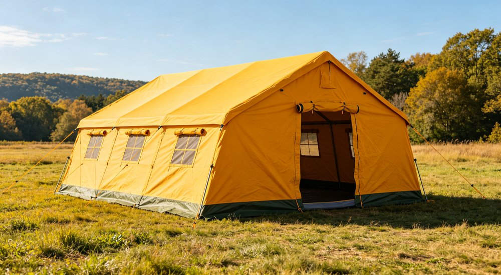 Professional emergency relief tent photographed in field deployment showing sturdy construction waterproof fabric and steel frame design suitable for disaster response and humanitarian aid operations