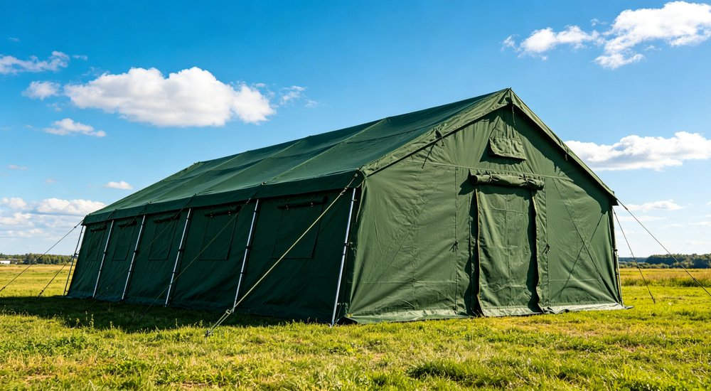 Field deployed emergency shelter showing robust frame construction waterproof material and practical design features meeting international standards for disaster response and refugee accommodation