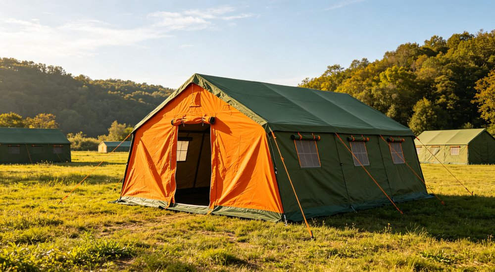 Large emergency shelter tent installed at disaster relief site providing weatherproof accommodation for affected populations with reinforced structure and quality materials visible