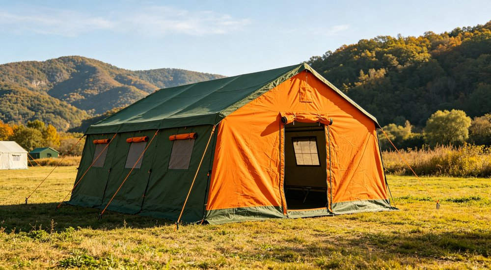 Humanitarian relief tent photographed at aid distribution camp providing reliable shelter with strong steel framework quality stitching and weather resistant fabric for disaster affected communities