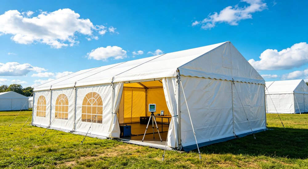Large emergency shelter tent installed at disaster relief site providing weatherproof accommodation for affected populations with reinforced structure and quality materials visible