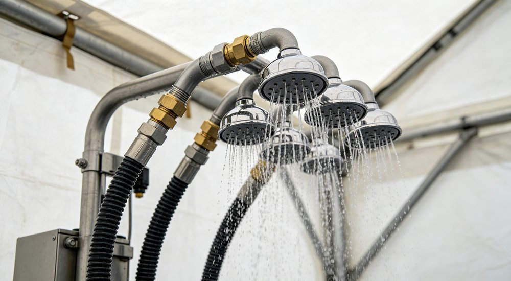 Close up detail of decontamination shower system with multiple stainless steel nozzles and water spray, professional industrial washing equipment, professional product photography