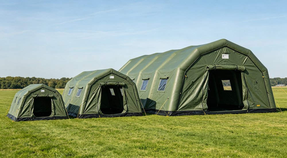 Side by side comparison of small medium and large inflatable decontamination tents showing different sizes for varying capacity needs on green field