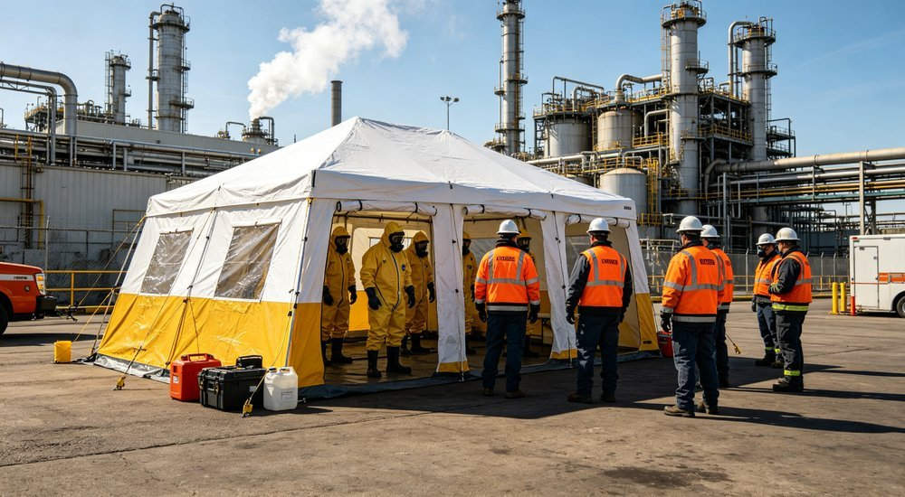 Wide angle shot of decontamination tent setup at industrial facility with safety workers in orange vests and chemical plant background during emergency drill