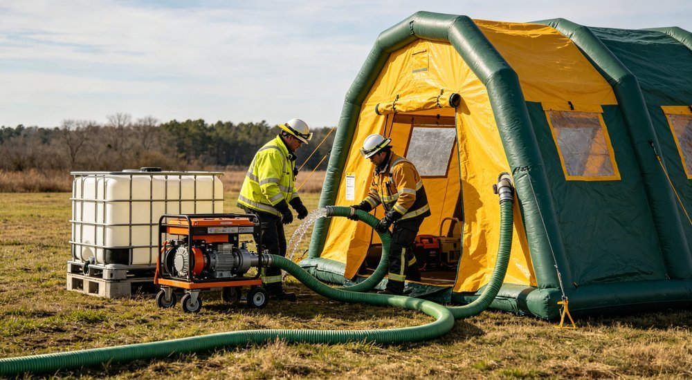 Side view of inflatable decon tent showing water supply hoses connected to portable water tank and pump system with emergency workers operating equipment