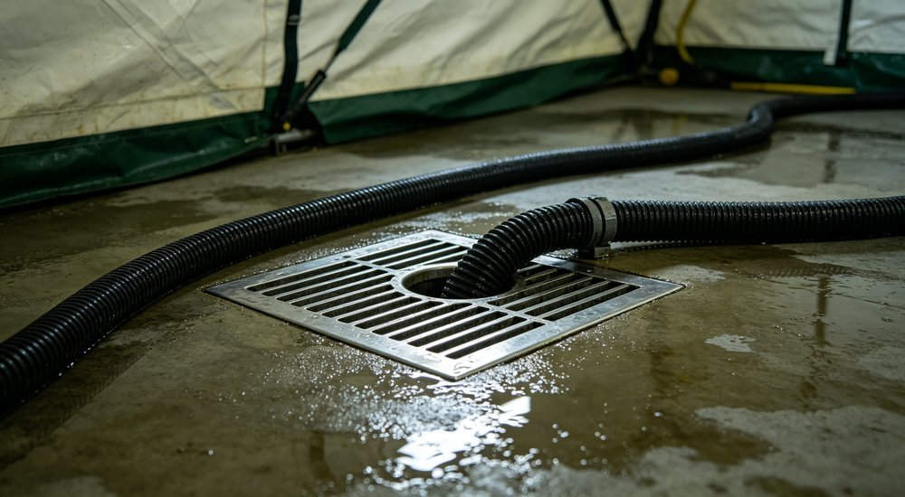 Closeup of decontamination tent floor drain and wastewater collection point with stainless steel grate and black hoses on wet floor inside tent
