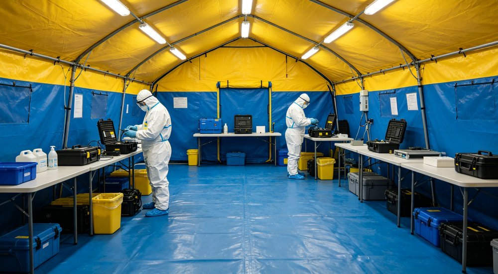 Wide angle shot of decontamination tent interior showing inspection station with workers in protective suits checking equipment in clean organized blue and yellow space
