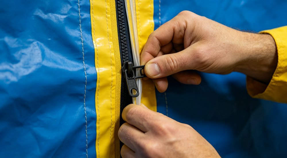 Closeup of air tight zipper and sealed door on decontamination tent in blue and yellow fabric with worker testing seal at factory quality control