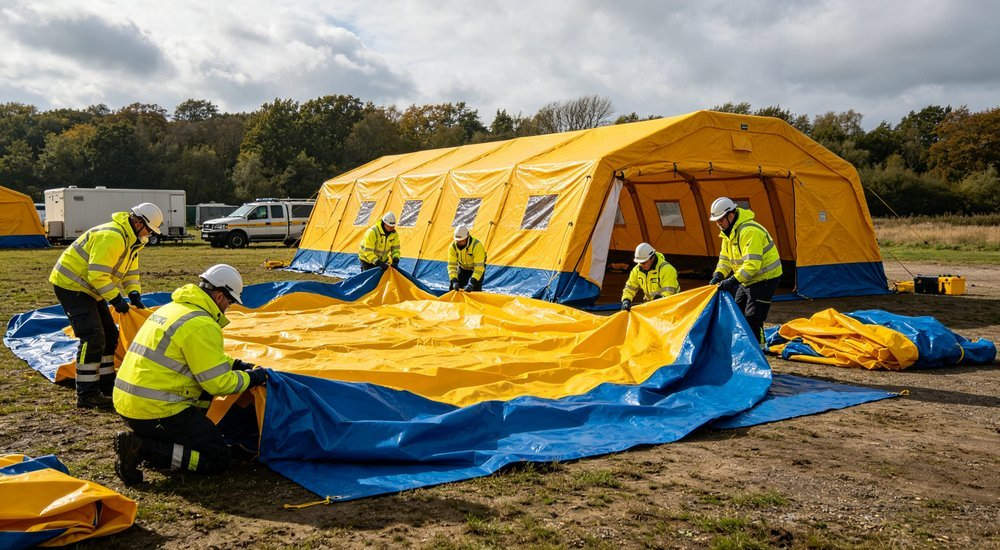 Wide angle shot of decontamination tent being deflated and packed by emergency team with workers folding yellow and blue fabric during field operation