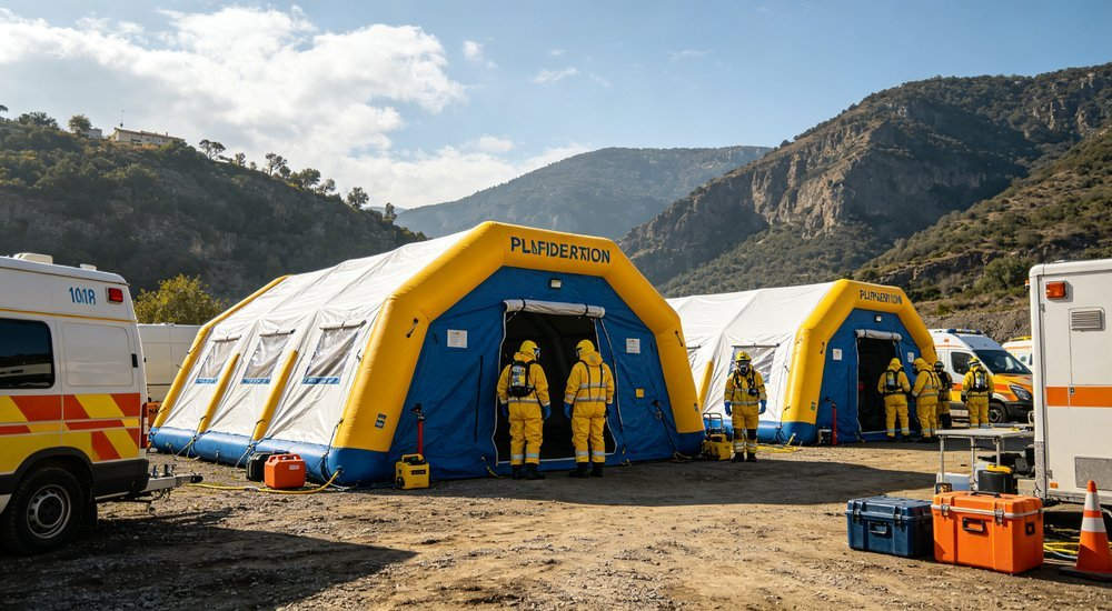 wide view of professional inflatable decontamination tent at emergency response, professional product photography, blue sky background, designed for emergency response and disaster relief