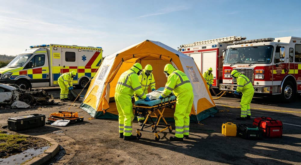 Wide angle shot of emergency medical team setting up decontamination tent near accident site with paramedics in protective gear and ambulance fire truck