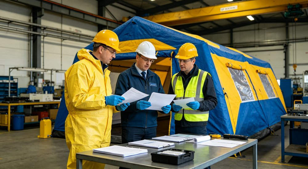 Wide angle shot of factory quality control team reviewing decontamination tent test reports and certification documents with blue yellow tent in background