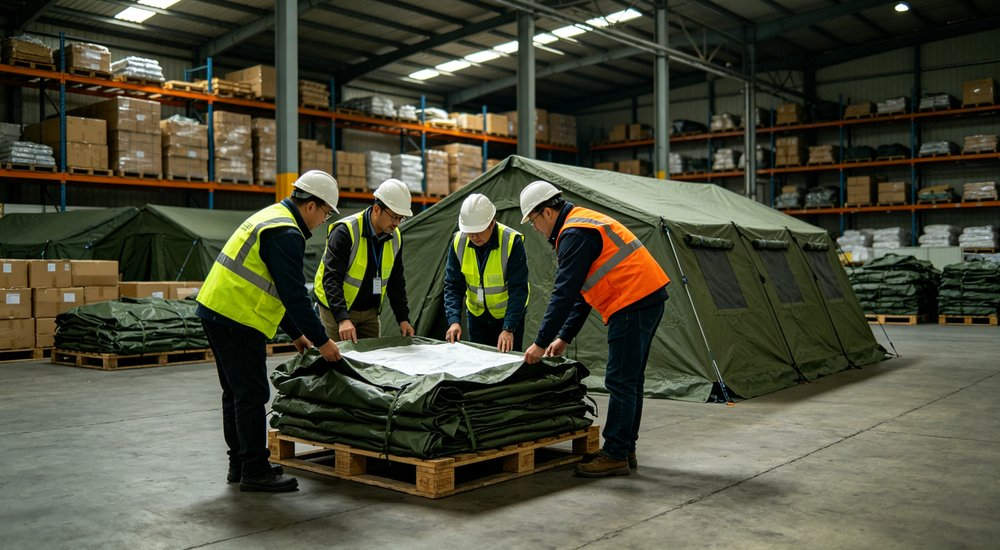 Emergency relief tent deployed in an active earthquake disaster zone providing immediate shelter for affected families with response teams working in the surrounding area