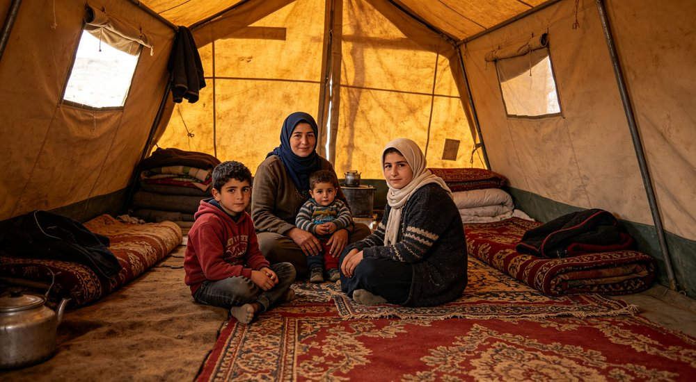 Humanitarian aid distribution area with emergency relief tents serving as collection points where relief workers provide food water and supplies to affected populations