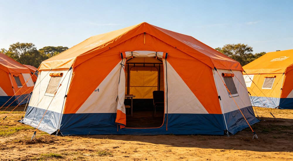 Field deployed emergency shelter showing robust frame construction waterproof material and practical design features meeting international standards for disaster response and refugee accommodation