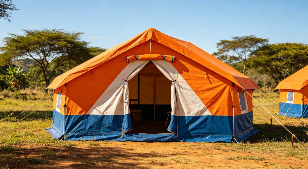 Professional emergency relief tent photographed in field deployment showing sturdy construction waterproof fabric and steel frame design suitable for disaster response and humanitarian aid operations