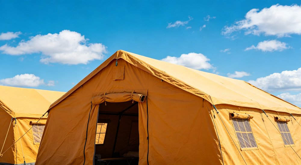 Humanitarian relief tent photographed at aid distribution camp providing reliable shelter with strong steel framework quality stitching and weather resistant fabric for disaster affected communities