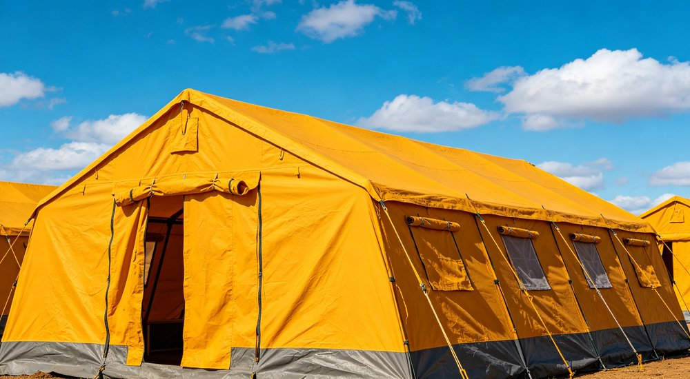 Field deployed emergency shelter showing robust frame construction waterproof material and practical design features meeting international standards for disaster response and refugee accommodation