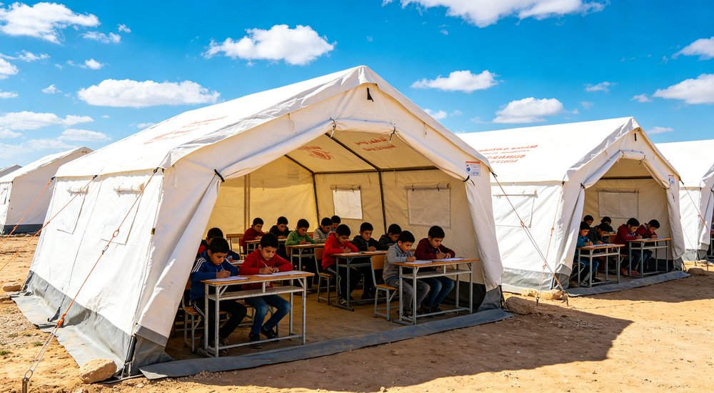Large emergency shelter tent installed at disaster relief site providing weatherproof accommodation for affected populations with reinforced structure and quality materials visible
