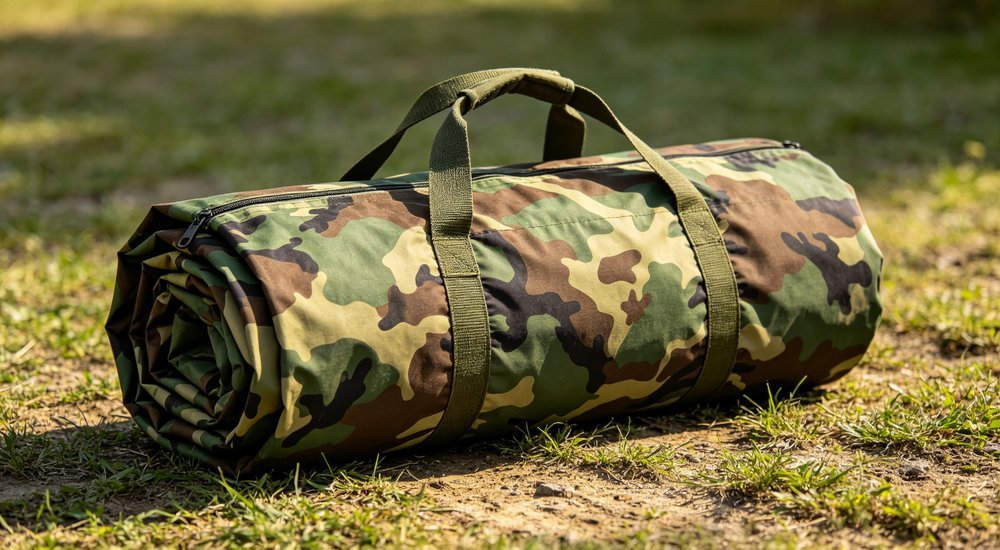 Compact military tent storage bag with carry handles, camouflage pattern, folded tent packed neatly, grassy outdoor background, professional product photography