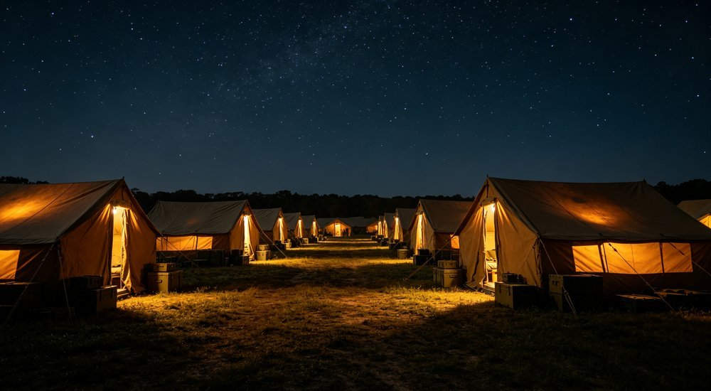 Military camp at night with warm orange lights glowing from tents, dark starry sky, atmospheric nighttime scene, rows of tents, realistic photography