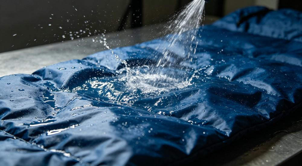 Water spray test on blue sleeping bag fabric, demonstrating waterproof performance of outdoor camping sleeping bag, lab product testing scene, high‑detail commercial photo
