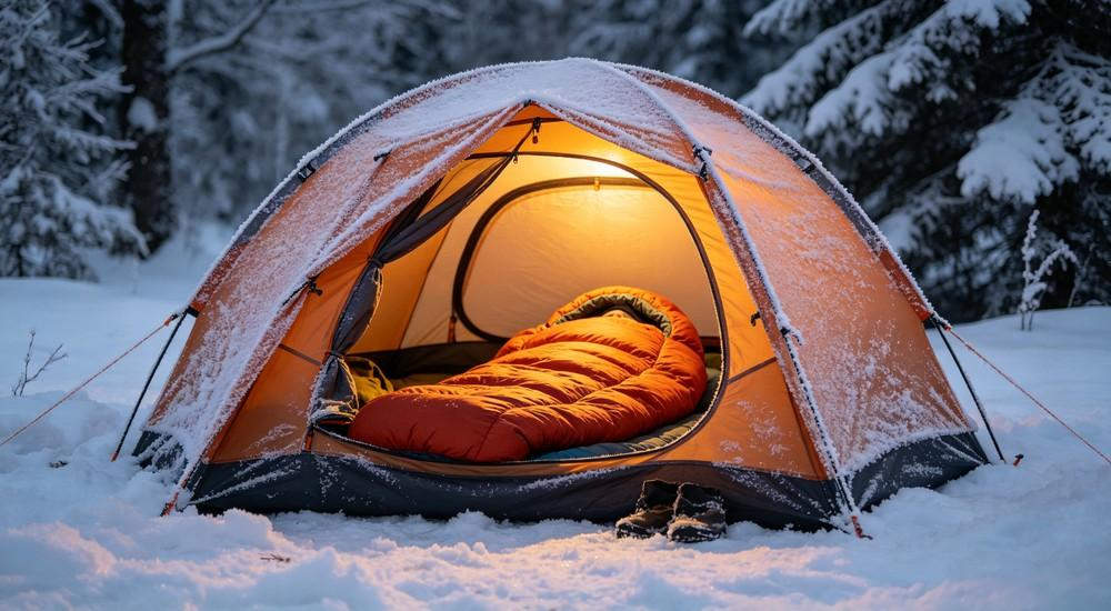 Person resting inside warm mummy sleeping bag in snow‑covered winter tent, cold‑weather outdoor camping scene, nighttime wilderness environment