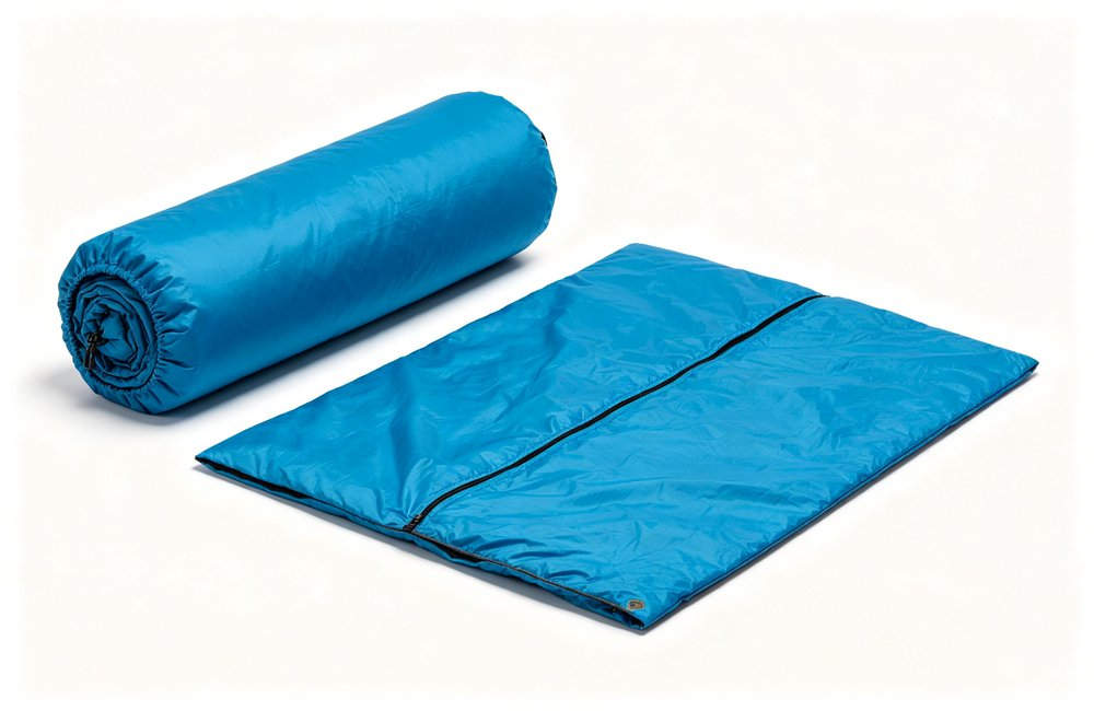 Top view flat lay of orange envelope sleeping bag completely opened and laid flat on wooden floor, showing full rectangular shape from head to toe, natural lighting, product detail showcase, no people