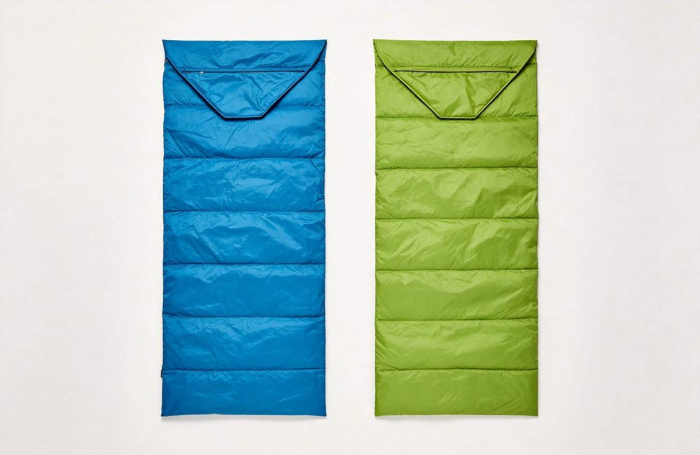 Wide angle view of multiple colorful envelope sleeping bags in red blue green orange and yellow laid horizontally on clean white background, product variety showcase, studio lighting, no people
