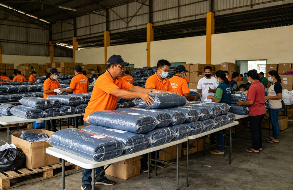 Wide angle view of disaster relief distribution warehouse with Asian volunteers organizing compressed envelope sleeping bags for emergency response, humanitarian aid logistics, busy preparation area