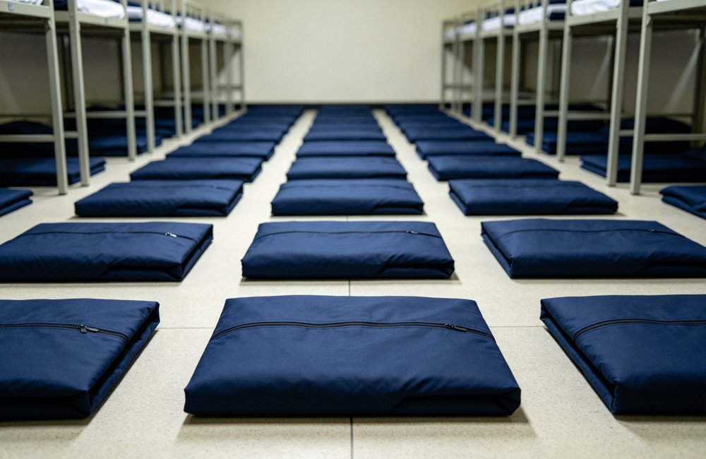 Wide angle view of police training academy dormitory with rows of navy blue envelope sleeping bags laid flat horizontally on floor, institutional discipline and organization, clean barracks style, no people