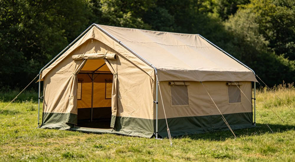 Forty five degree view of twenty square meter steel frame relief tent, visible metal pole structure with guy ropes and stakes, outdoor grass field realistic photography Forty five degree view of twenty square meter steel frame relief tent, visible metal pole structure with guy ropes and stakes, outdoor grass field realistic photography