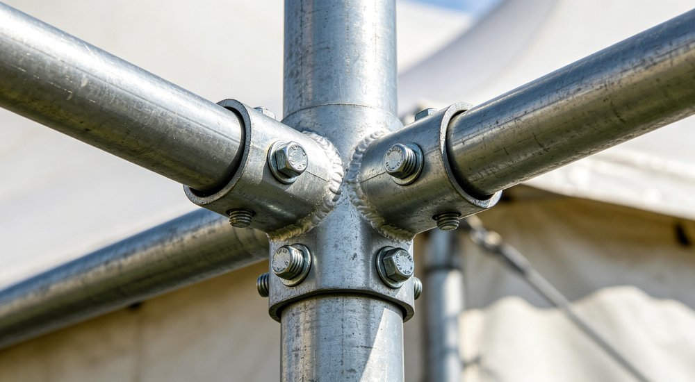 Close-up of galvanized steel tube joint on relief tent frame, metal pole connection detail with bolts, engineering photography against clear blue sky background