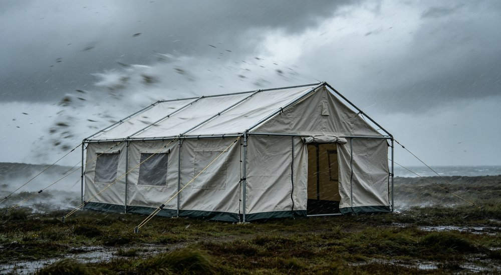 Steel frame relief tent in strong wind storm, stable metal structure secured with multiple guy ropes, stormy weather realistic outdoor photography