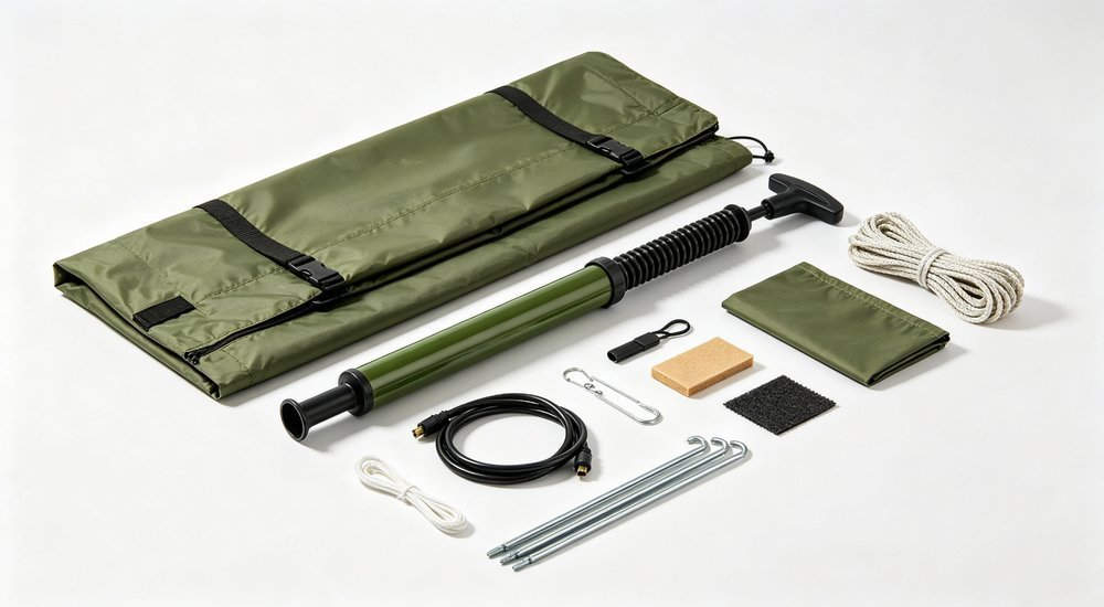 Complete inflatable tent accessory set laid out including pump repair kit and ground stakes, professional product photography of field equipment