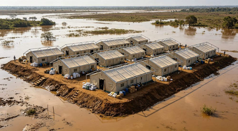 Flood relief camp with rows of steel frame tents, humanitarian aid operation after major natural disaster, emergency response documentary photography